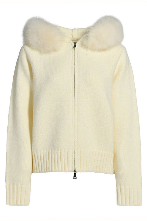 Ivory cashmere jacket with soft fox fur trim, offering a luxurious and timeless loungewear look.