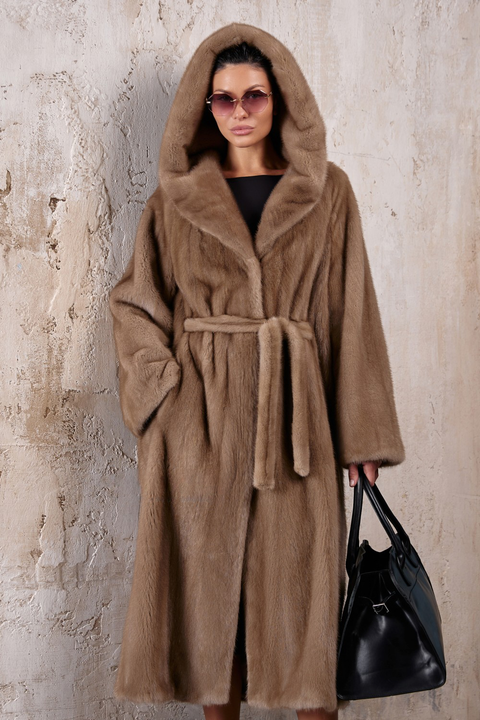 Light brown long mink fur coat with hood and belt, exuding elegance and warmth, perfect for stylish winter wear.