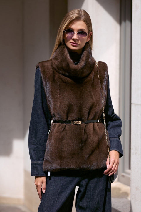 Brown Mink Vest With Collar