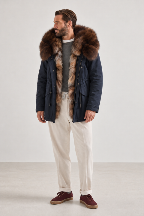 Kort marineblå parka med pelsfor til mænd