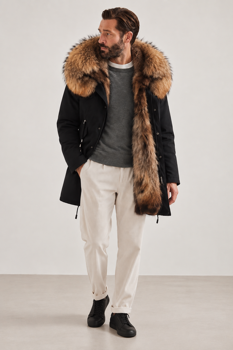 Parka negra de piel forrada para hombre