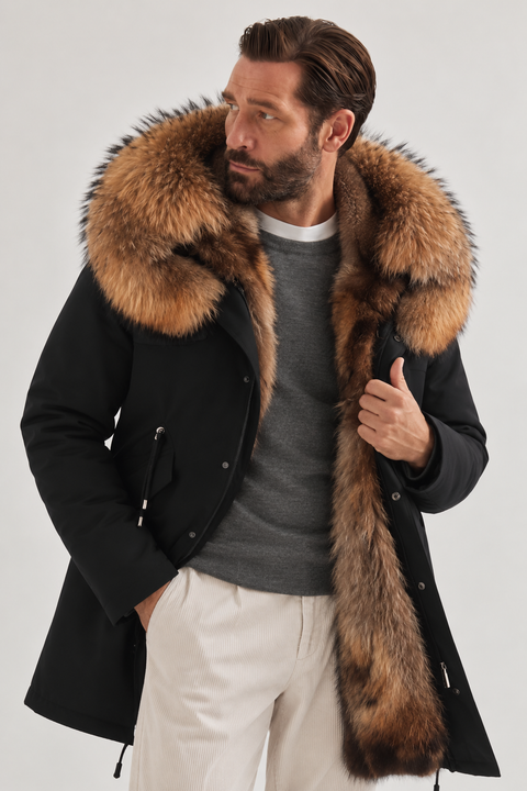 Parka negra de piel forrada para hombre