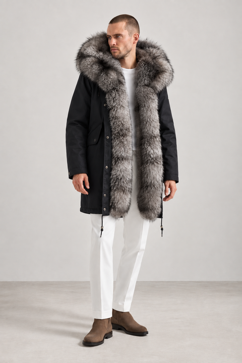Parka de piel de zorro plateado forrada para hombre