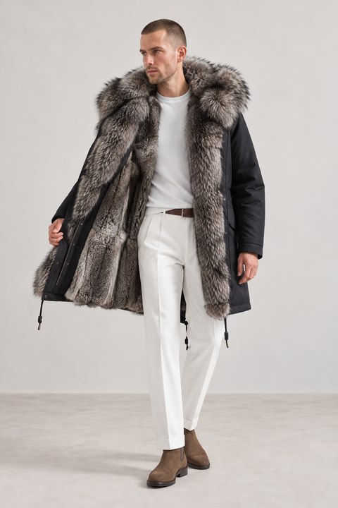 Parka de piel de zorro plateado forrada para hombre