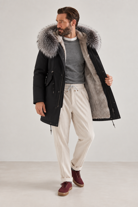 Parka negra de piel forrada para hombre