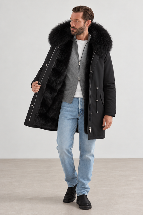 Parka negra de piel forrada para hombre