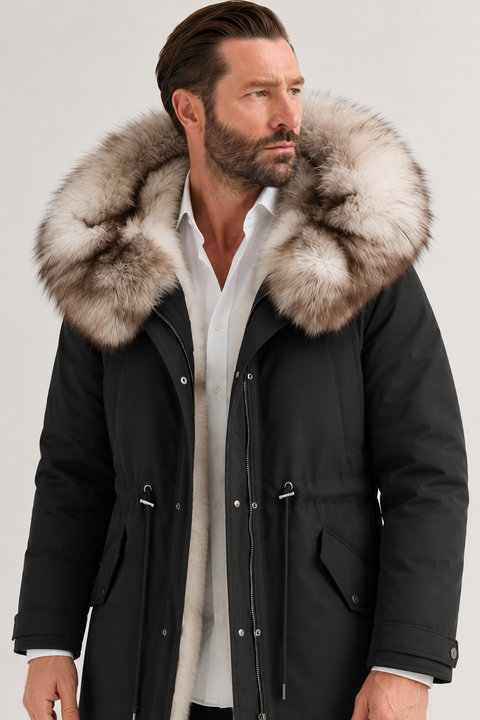 Parka negra de piel forrada para hombre