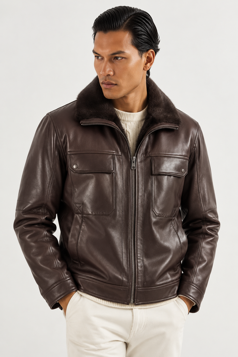Chaqueta de cuero para hombre con forro de piel de visón