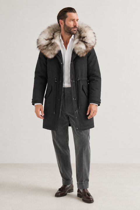 Parka negra de piel forrada para hombre