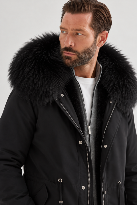 Parka negra de piel forrada para hombre