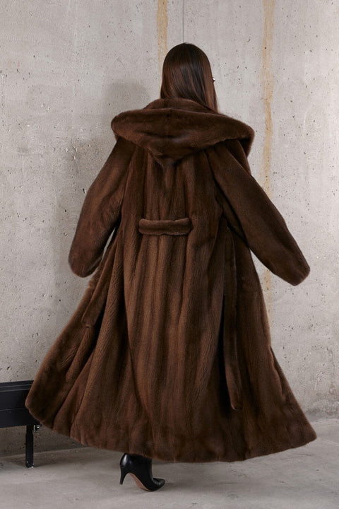 Hooded Long Brown Mink Fur Coat