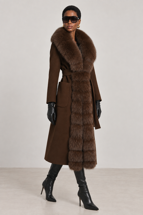 Manteau marron en cachemire avec fourrure