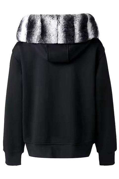 Sleek winter hoodie in black genuine Rex Rabbit fur, designed with a detachable lining for easy maintenance and insulation.