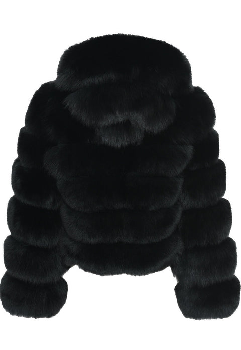 SERINA black hooded fox fur coat for women in soft luxury fur with horizontal panels, perfect for winter warmth