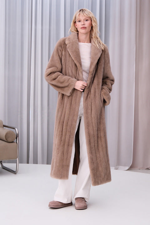 Long Belted Beige Mink Coat