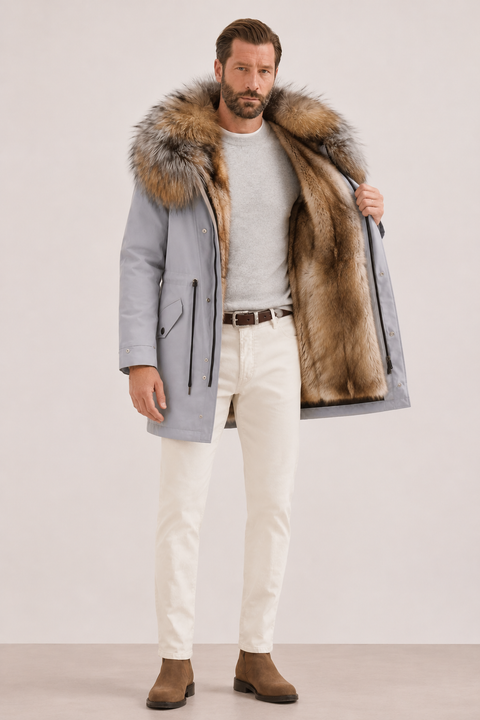 Men Grey Lined Fur Parka