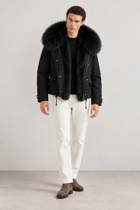 Parka negra de piel forrada para hombre