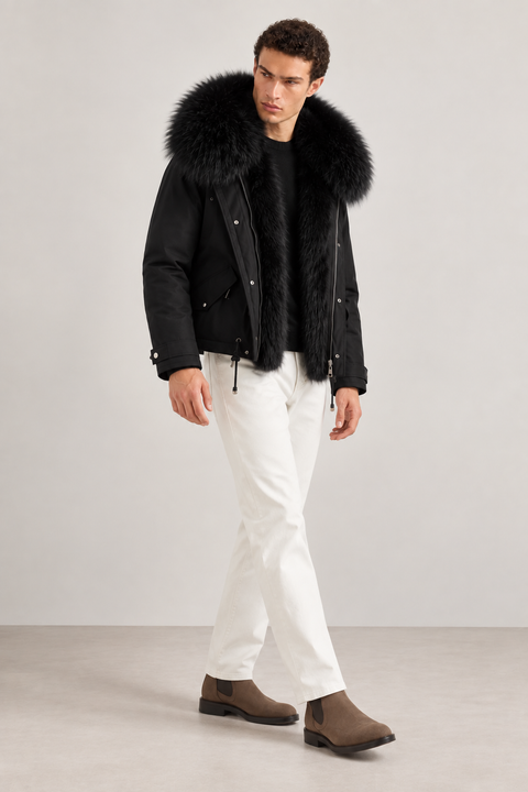 Parka negra de piel forrada para hombre