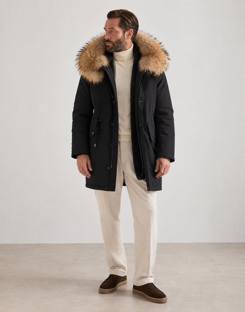 Men Black Lined Fur Parka