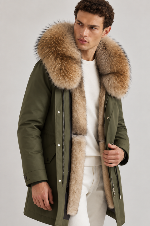 Men Green Lined Fur Parka