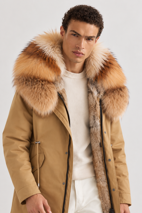 Men Camel Lined Fur Parka