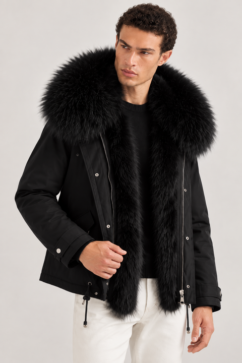Parka negra de piel forrada para hombre