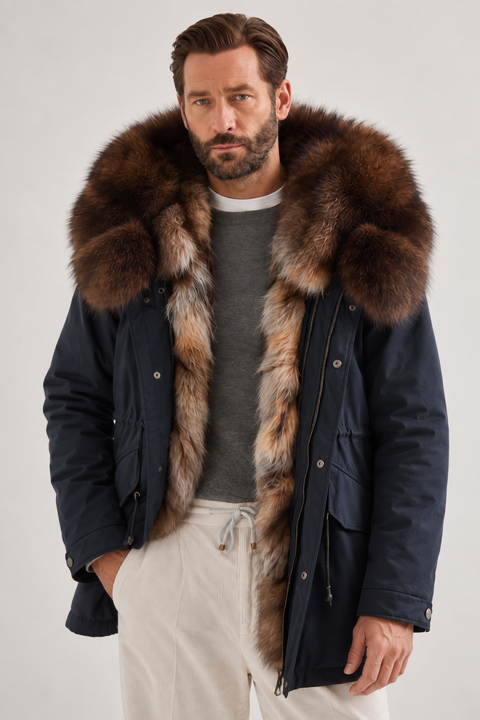 Men Blue Short Lined Fur Parka