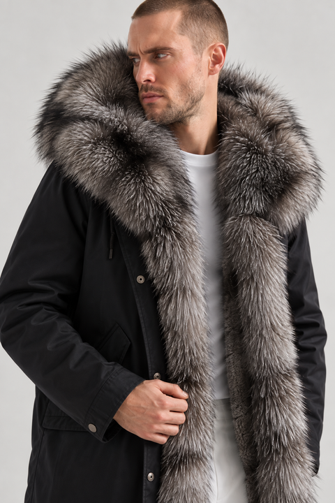 Men Lined Silver Fox Fur Parka