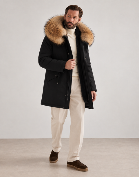 Men Black Lined Fur Parka