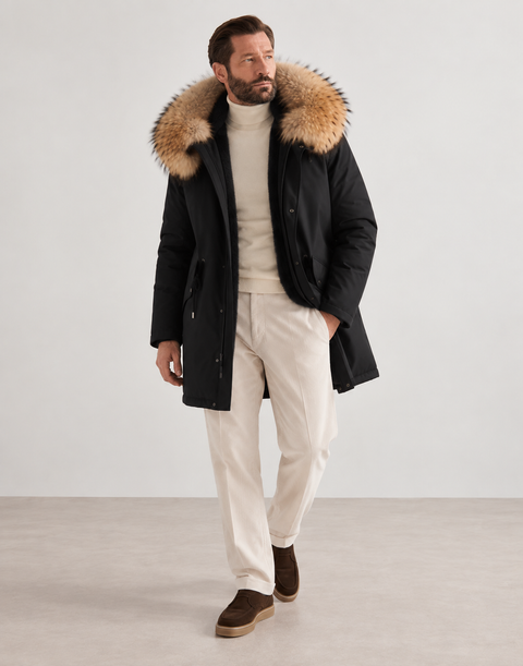 Men Black Lined Fur Parka