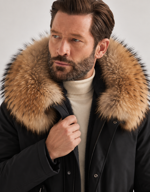 Men Black Lined Fur Parka