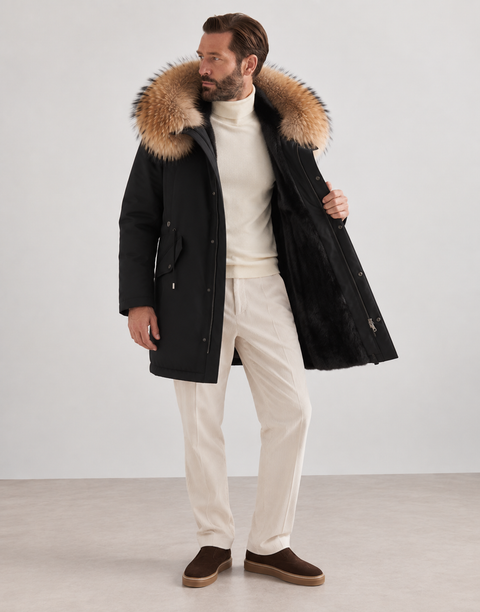 Men Black Lined Fur Parka