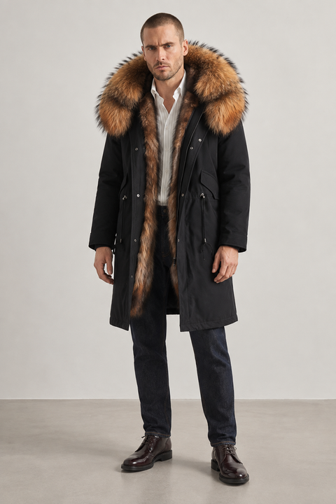 Parka midi negra de piel de zorro para hombre