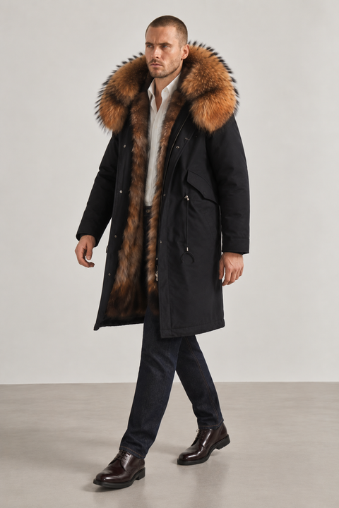 Parka midi negra de piel de zorro para hombre