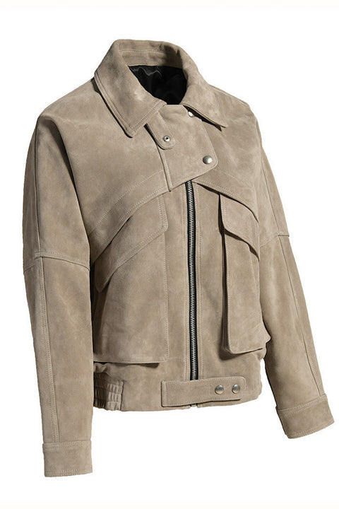 Suede Jacket with Funnel Neck