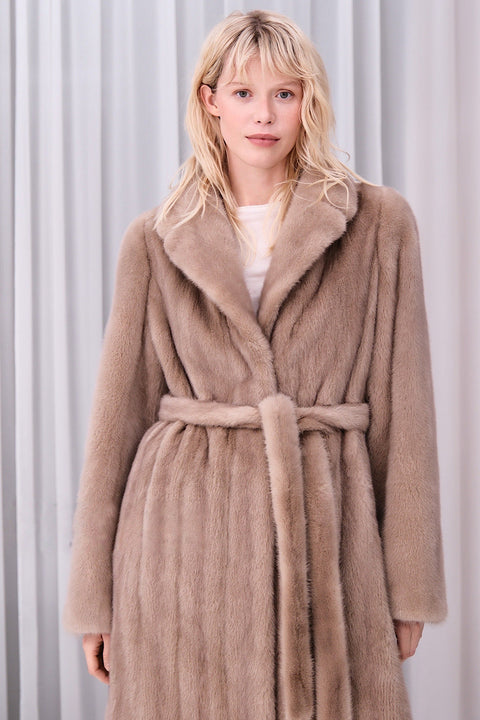 Long Belted Beige Mink Coat