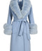 This elegant baby blue cashmere coat features luxurious faux fur accents, perfect for adding a touch of sophistication.