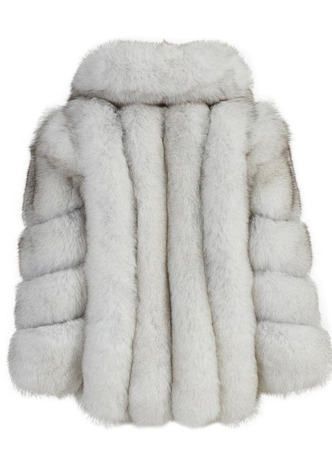 A stunning natural white fox fur coat featuring a maxi collar, exuding elegance and luxury with its soft, plush texture.