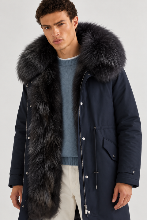 Parka midi da uomo nero in pelliccia di volpe