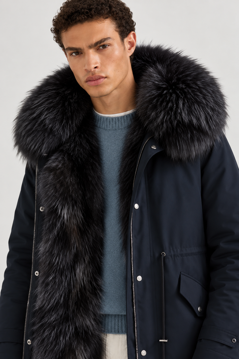 Parka midi da uomo nero in pelliccia di volpe