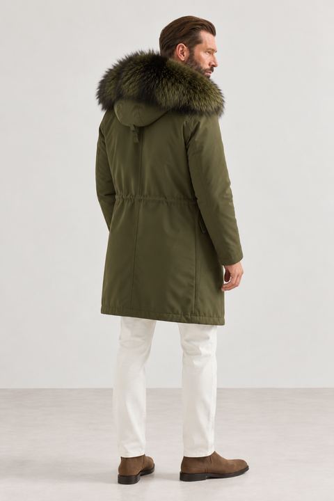 Midi-parka til mænd i sort rævepels