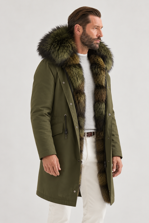 Midi-parka til mænd i sort rævepels