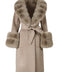 A sophisticated grey cashmere coat featuring premium faux fur, offering a chic and warm layer for cold days.